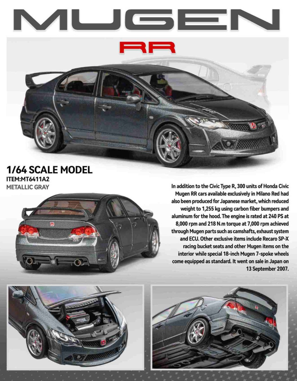 MT 1/64 HONDA CIVIC FD2 MUGEN RR W/Interior/Engine Model Car -GREY-#MT6411A2