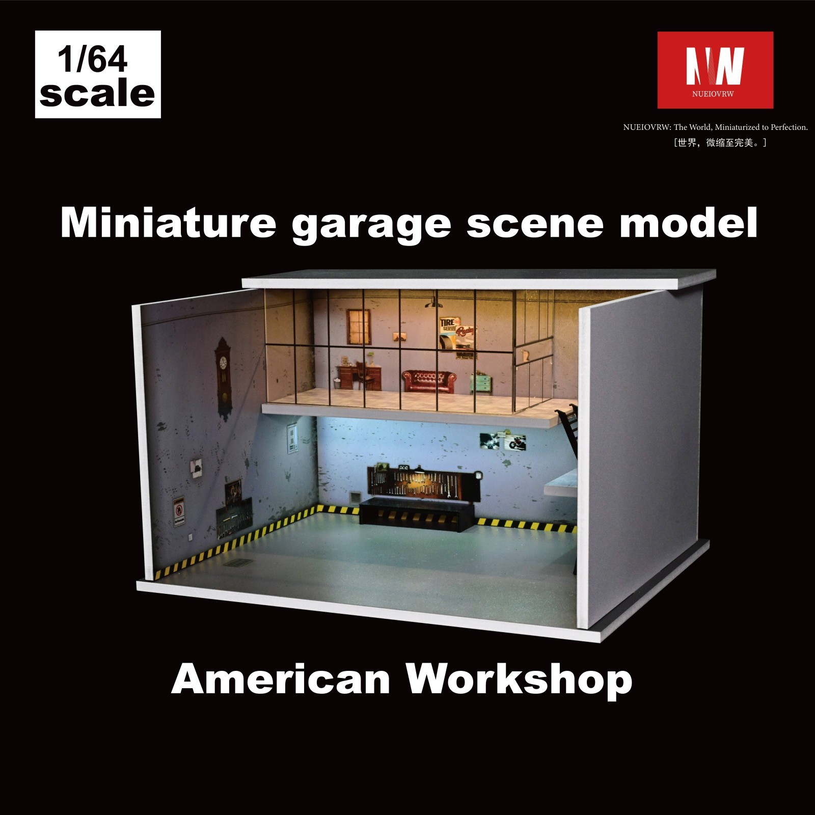 Diorama 1:64 Die-Cast Car Garage Model LED Repair Workshop Scene Display Case US