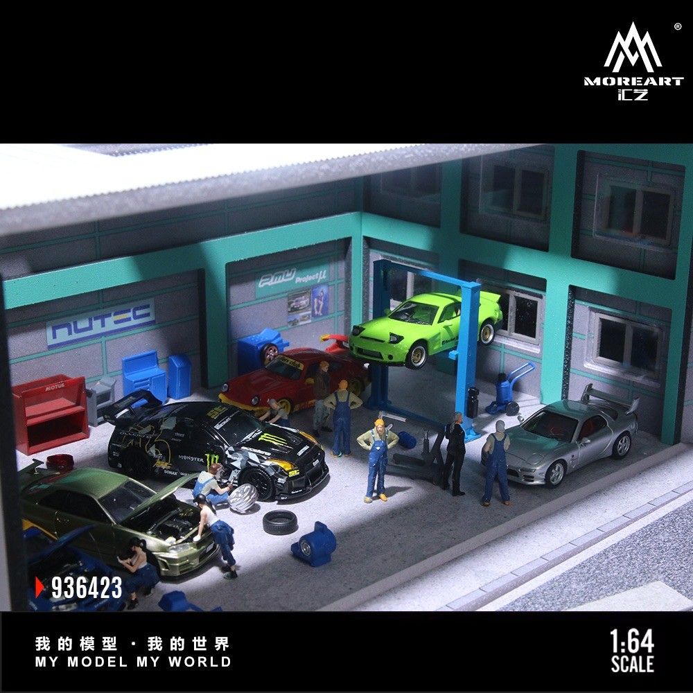 Diorama 1/64 Diecast Car Garage Model LED Repair Workshop Street Building Scene