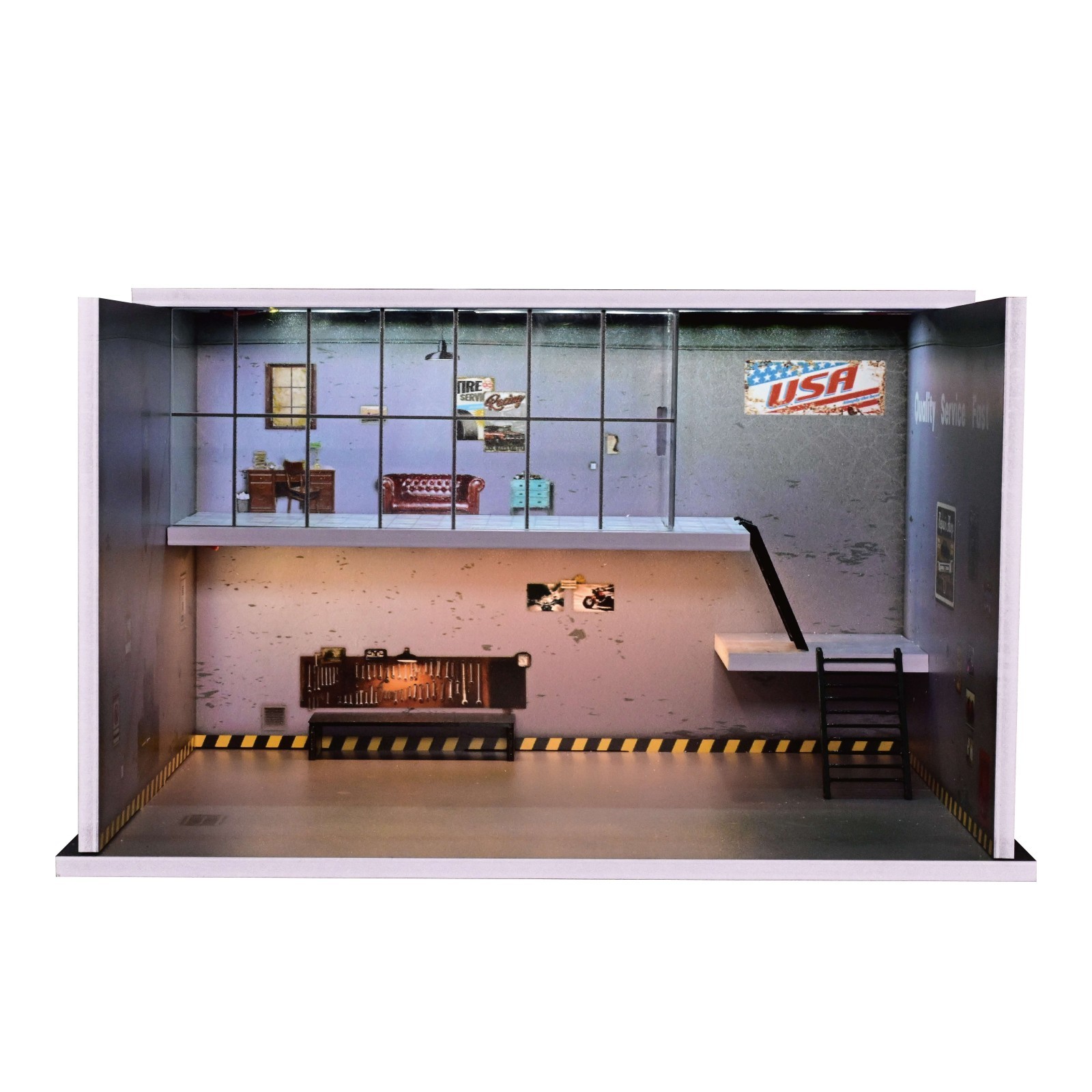 Diorama 1/64 Car Garage Model LED Car Repair Workshop ParkingLot Display Cabinet
