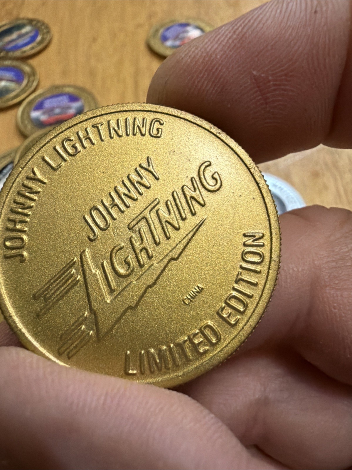 Vintage Johnny Lightning Plastic Buttons/ Coins. Lot Of 45 31 Gold 14 Silver