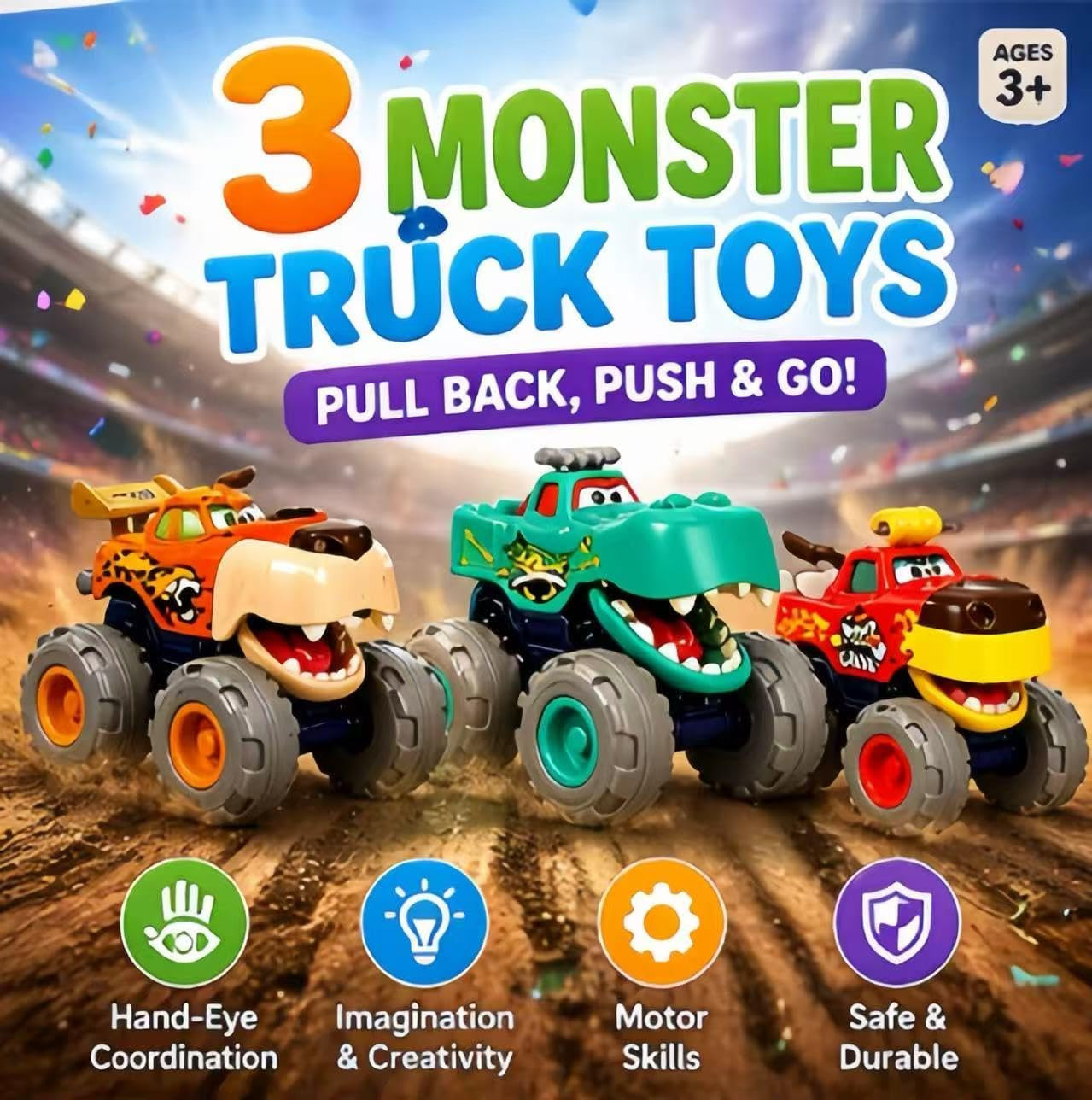 MOONTOY Toy Cars for Toddlers 1-3, 3 Pack Monster Truck Toys for 1 2 3 Year Old