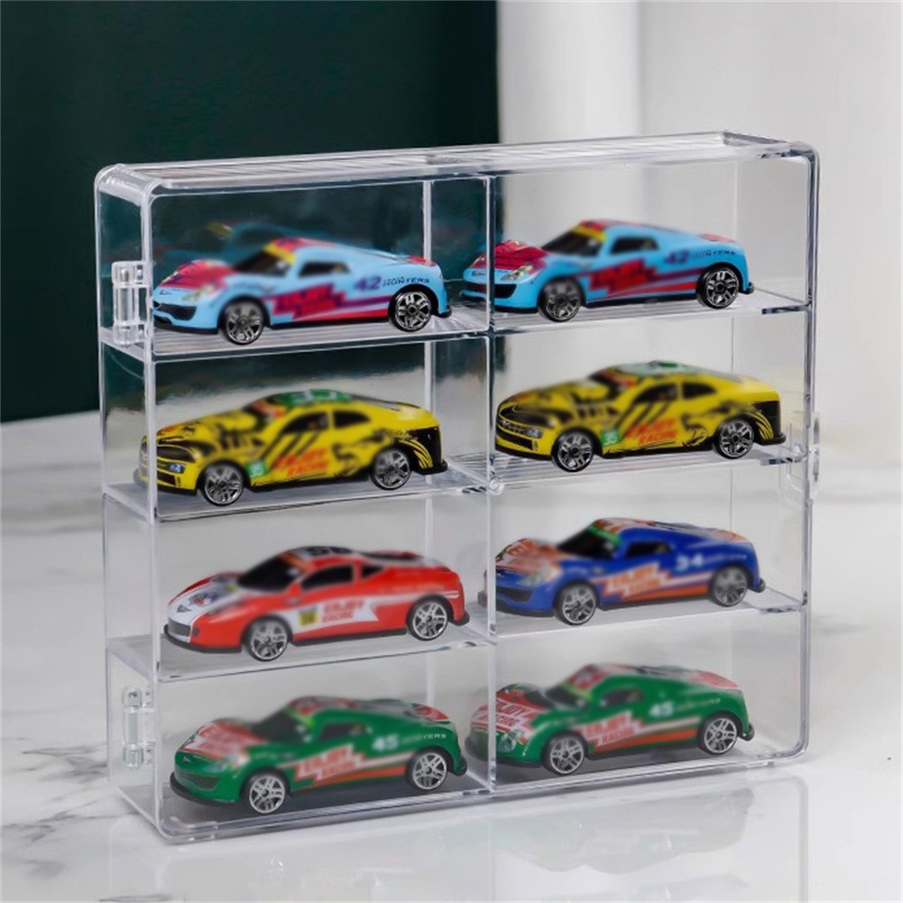 Clear Acrylic 1/64 Scale Toy Car Display Case Box With Dustproof Door for 8 Cars