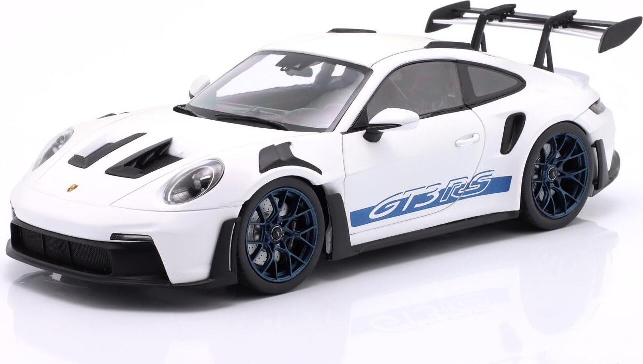 2024 Porsche 911 992 GT3 RS White with Blue Wheels in 1:18 scale by Solido