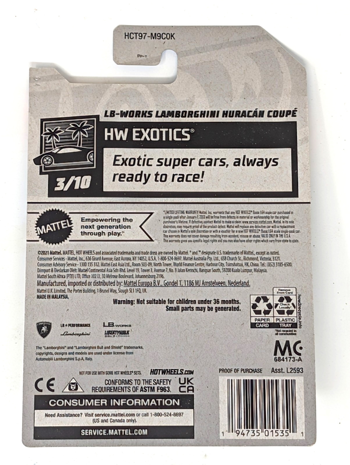 Hot Wheels Lb-Works Lamborghini Huracan Coupe White HW Exotics 3/10 – NEW