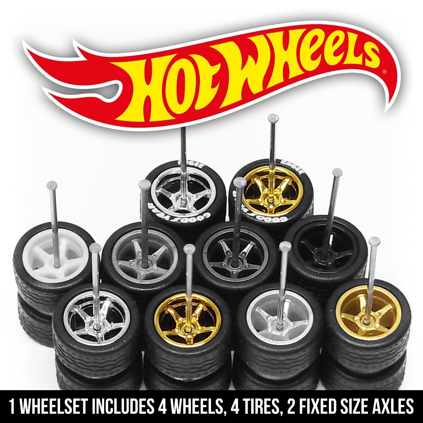 1/64 Scale 5 SPOKE v6 Real Rider Wheels Rims Tires Set for Custom Hot Wheel