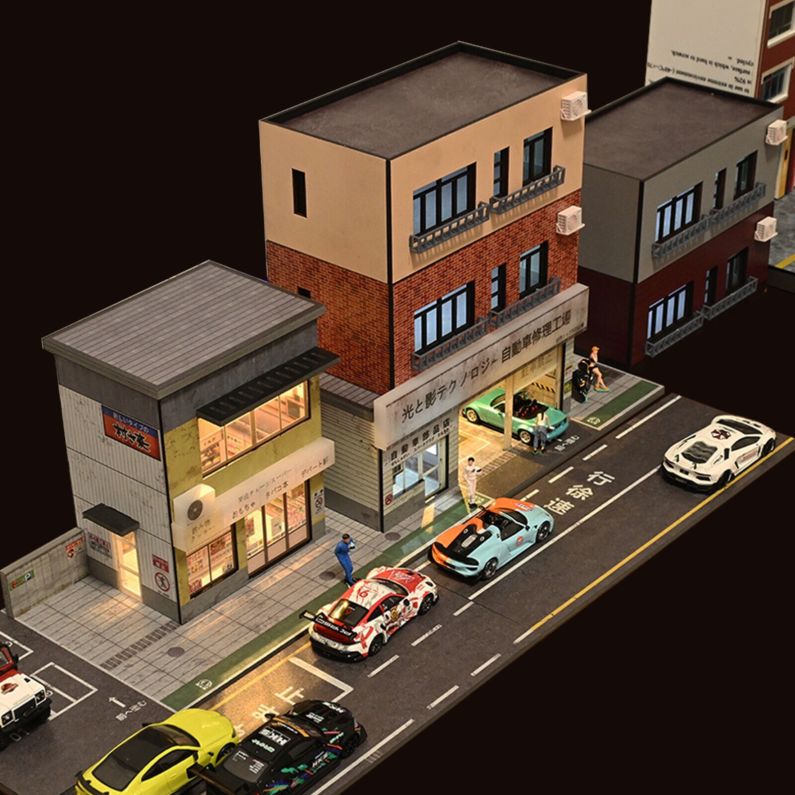 Diorama 1/64 Car Garage Model Lighting City Street Shop Parking Lot Scene Model