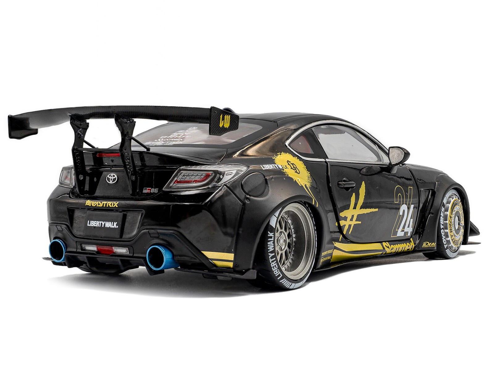 2024 Toyota GR86 Liberty Walk Body Kit RHD Black #24 with Gold Graphics 1/18