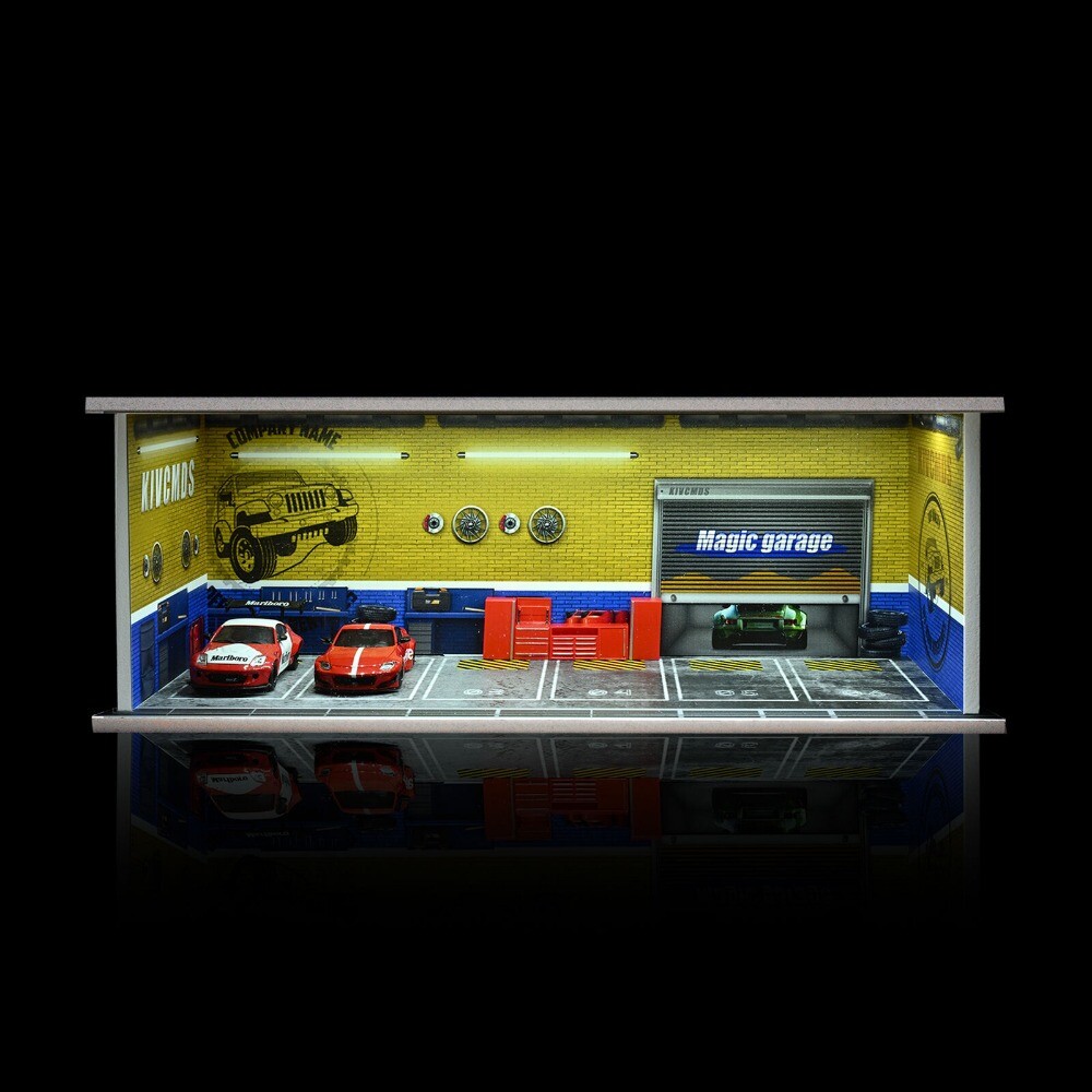 1/64 Diorama Car Garage LED Lighting Car Repair Workshop Scene Display Model Toy