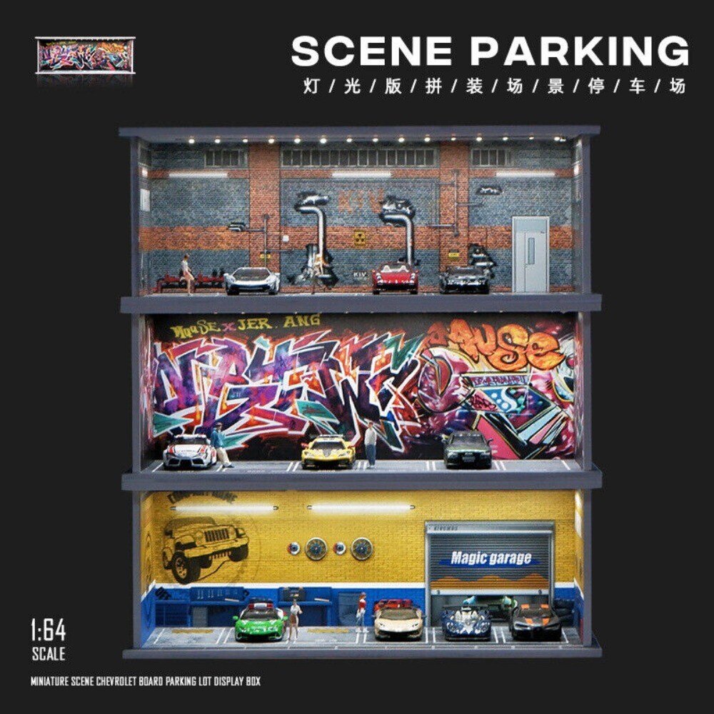 1/64 Diorama Car Garage LED Lighting Car Repair Workshop Scene Display Model Toy