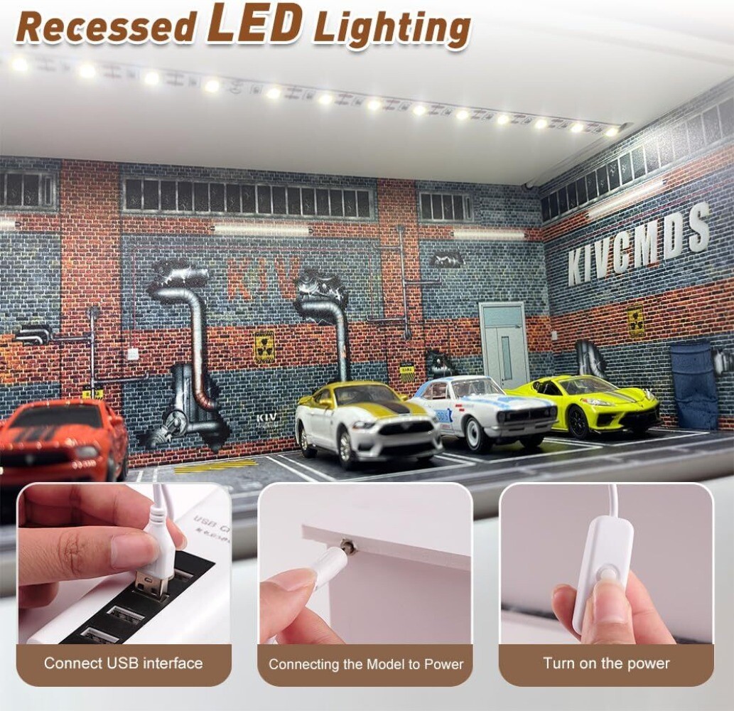 1/64 Diorama Car Garage LED Lighting Car Repair Workshop Scene Display Model Toy