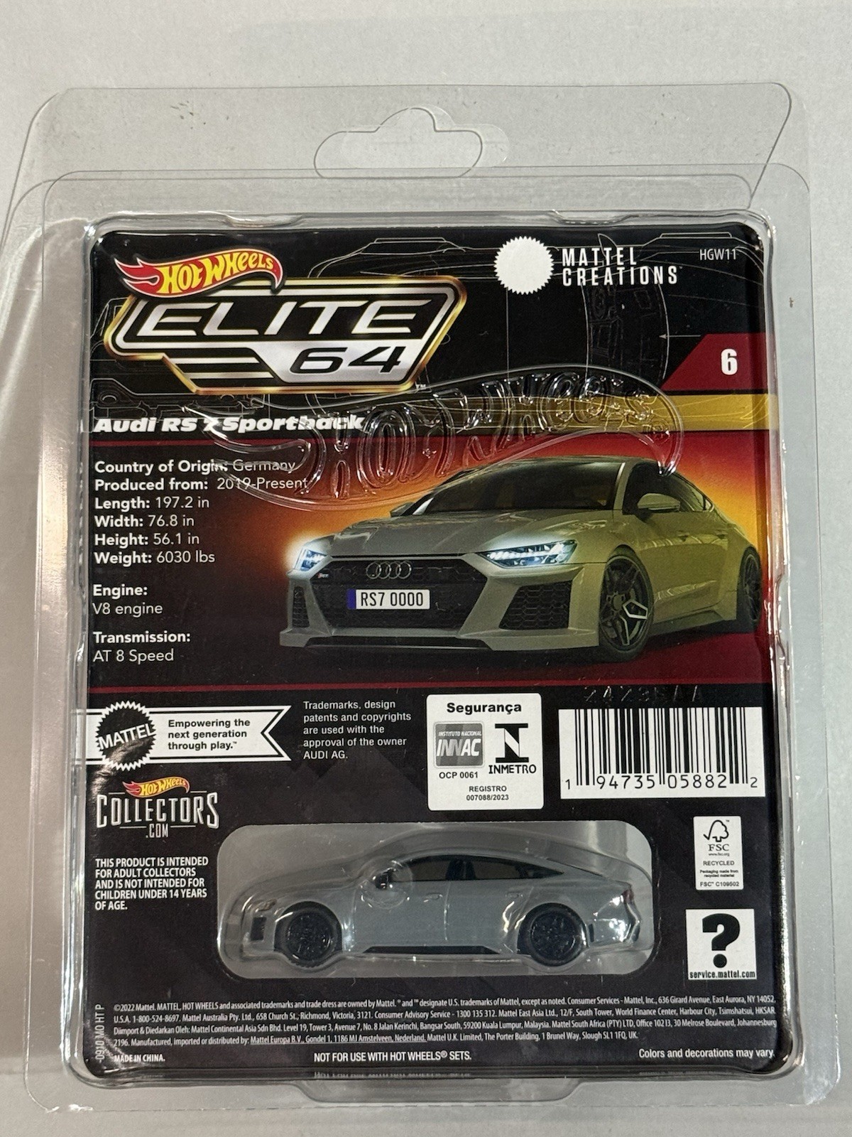 Hot Wheels Elite 64 ’21 AUDI RS 7 Sportback Gray 1:64 Diecast Real Rider HGW11