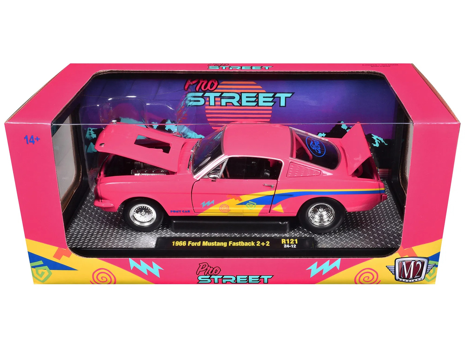 1966 Ford Mustang Fastback 2+2 Pink with Blue and Yellow Stripes “Pro Street” Li