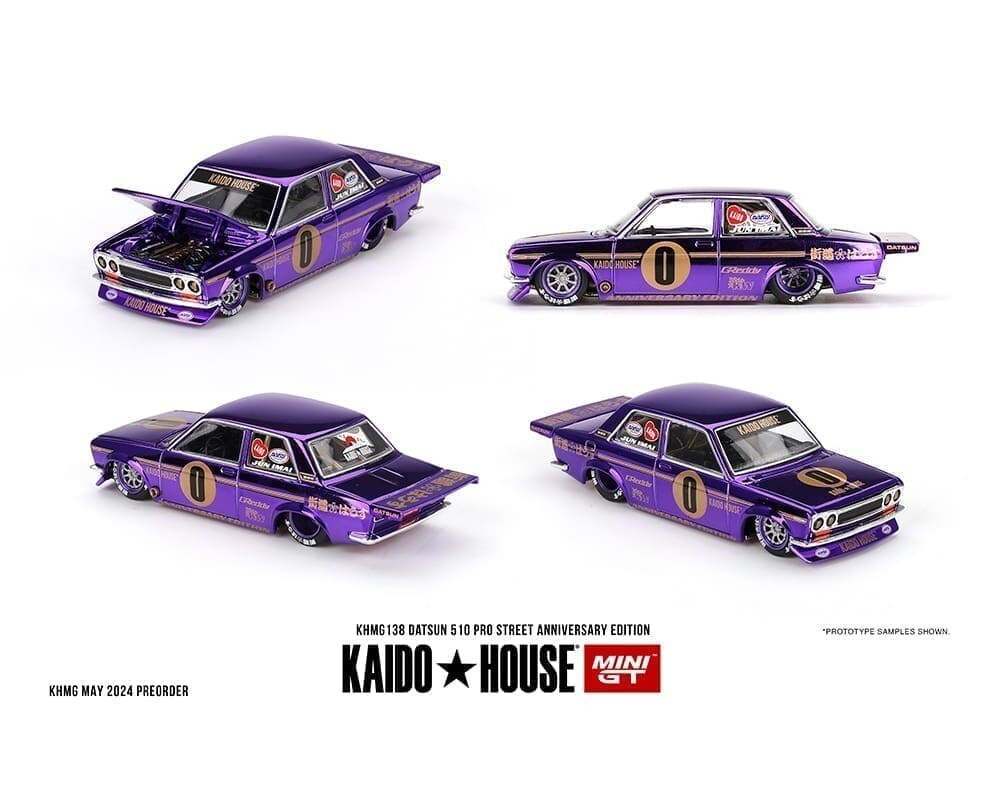 Kaido House x Mini GT Datsun 510 Pro Street Anniversary Purple Chrome #138 1/64