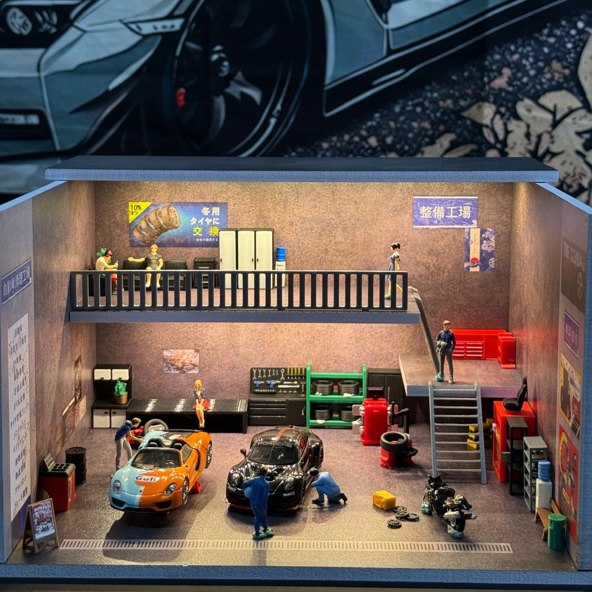 Diorama 1/64 Car Garage Model LED Car Repair Workshop ParkingLot Display Cabinet