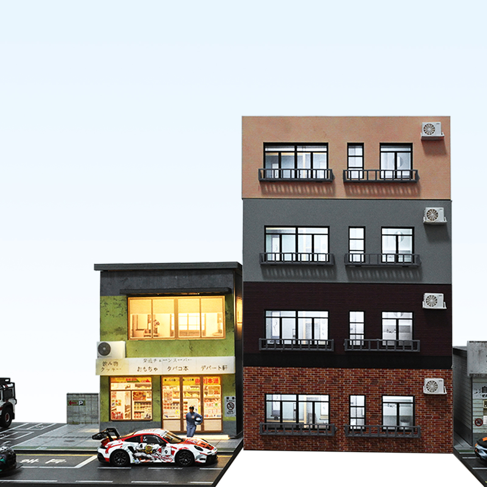 1/64 Diorama Car Garage Model LED Light City Street House Building Model Display
