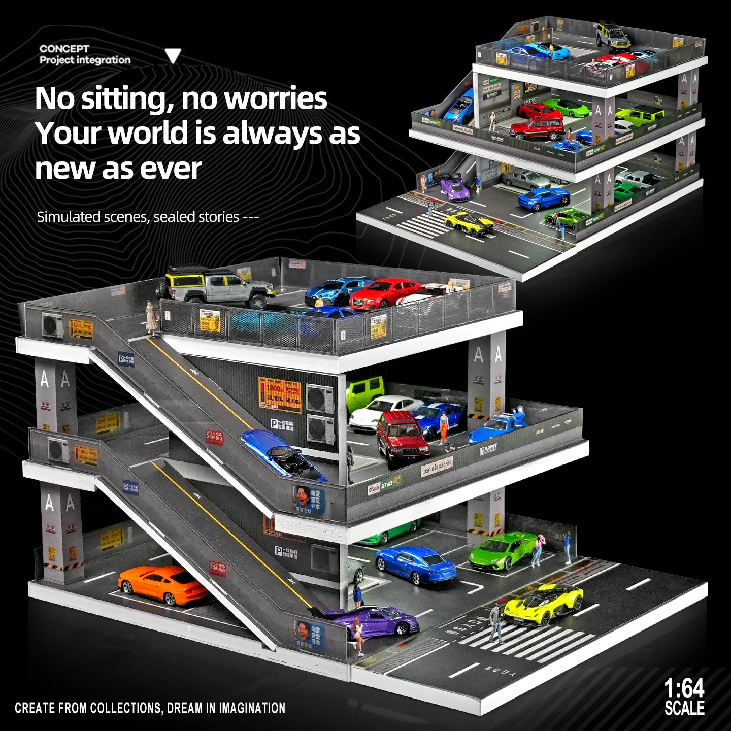 1/64 Diorama Diecast Car Garage Model LED 3-Layer Parking Lots Building Scene US