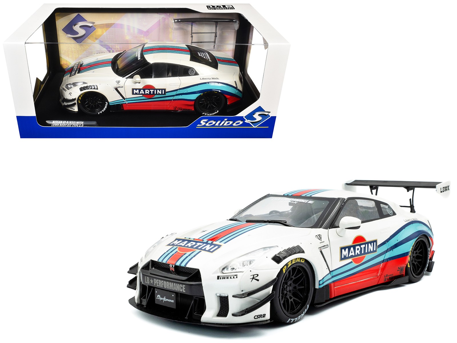 2024 Nissan GT R RHD with Liberty Walk 2.0 Body Kit White Martini Racing 1/18
