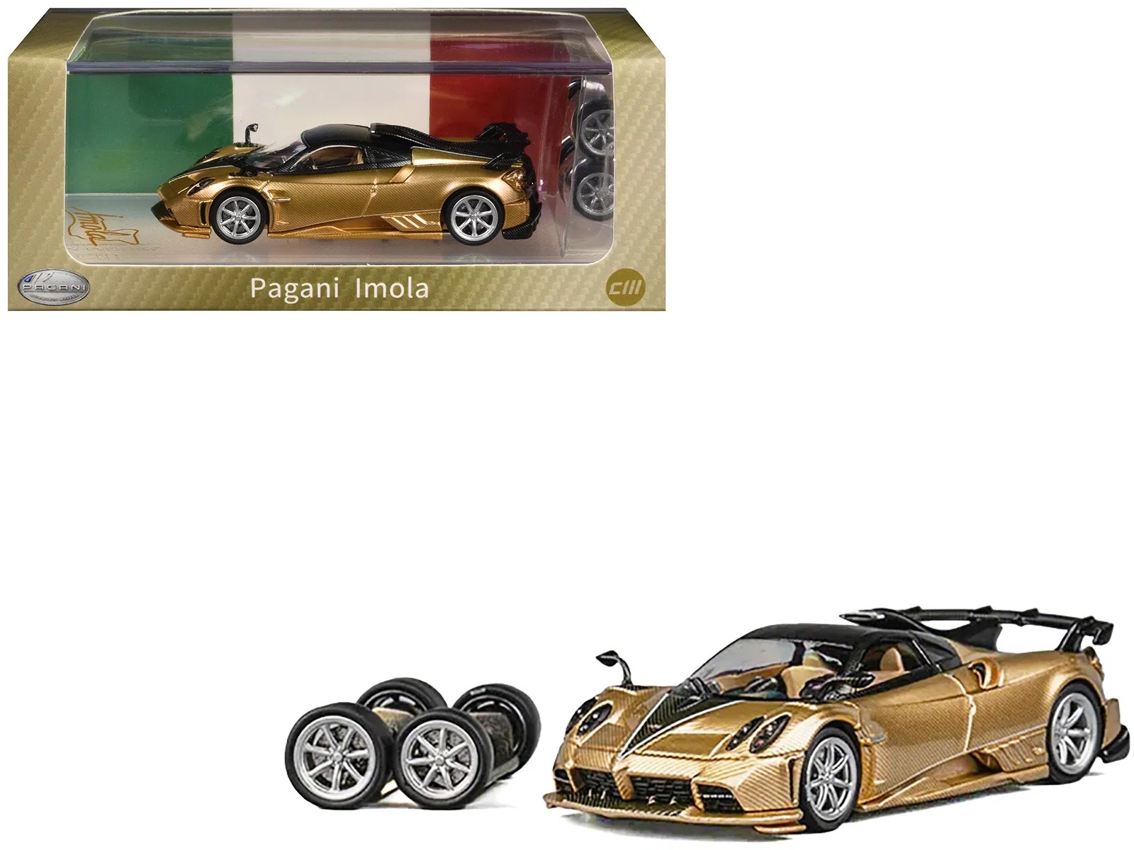 Pagani Imola Gold Carbon Metallic with Black Carbon Top with Extra Wheels 1/64 D