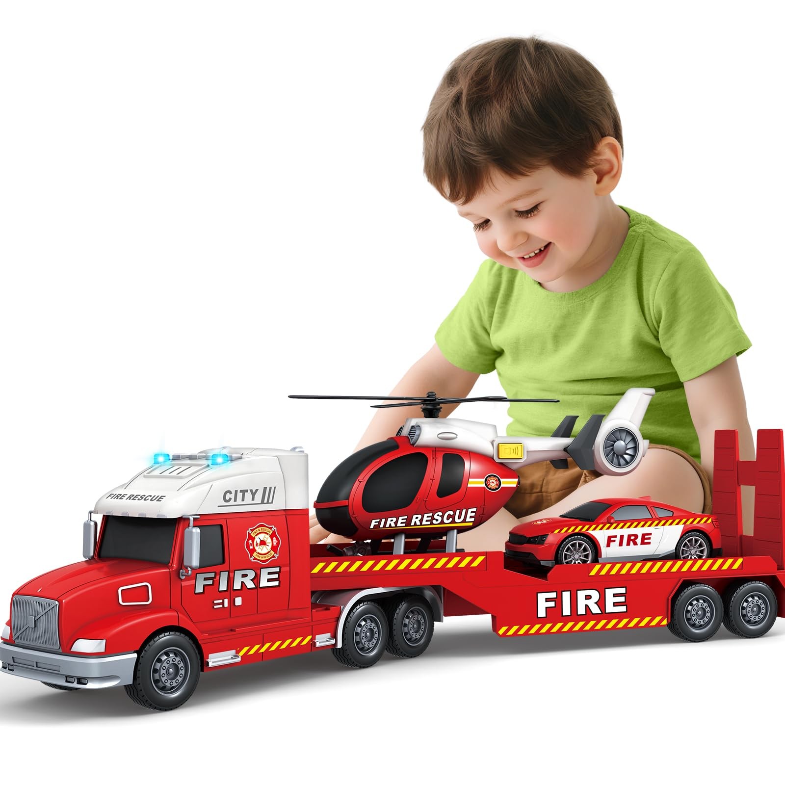 Boys Toys, 3 4 5 Large Fire Truck Toys with Lights Sounds, Truck Car with Rac…