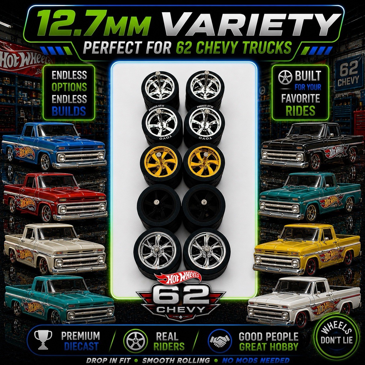 5 Variety Mix 62 Chevy Silv Wheel Sets W/ Rubber Tires For HOT WHEELS 1/64 Scale
