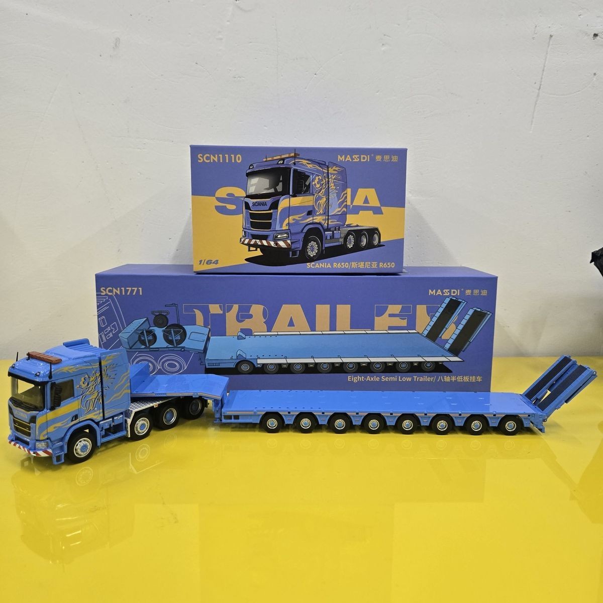 MASDI 1:64 Scania R650 Tractor 8-Axle Lowboy Trailer Truck Combo Variations