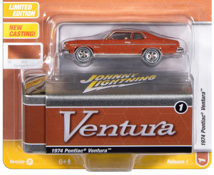 Johnny Lightning Fire Coral Bronze 1974 Pontiac Ventura W/ Storage Tin 1:64 Car