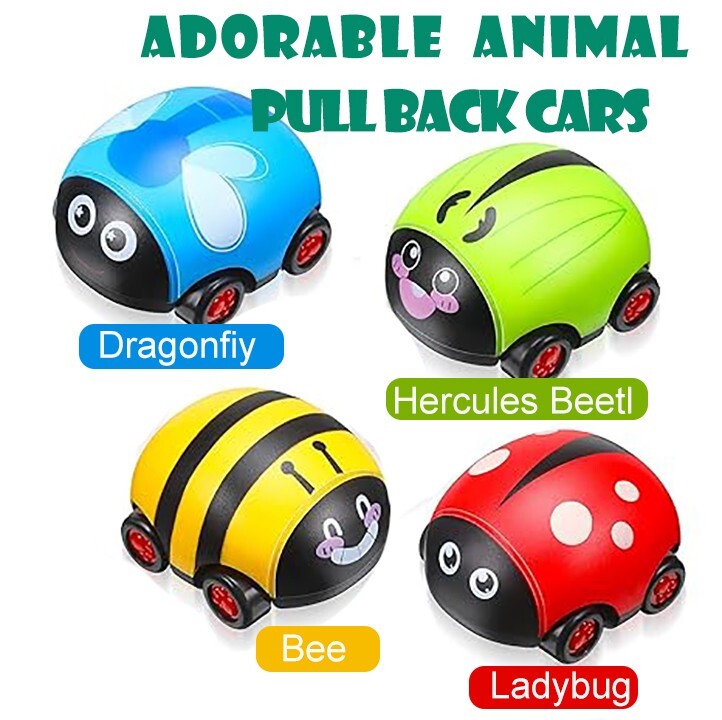 4 Pieces Animals Pull Back Cars Friction Powered Push and Go Back Toys Cars