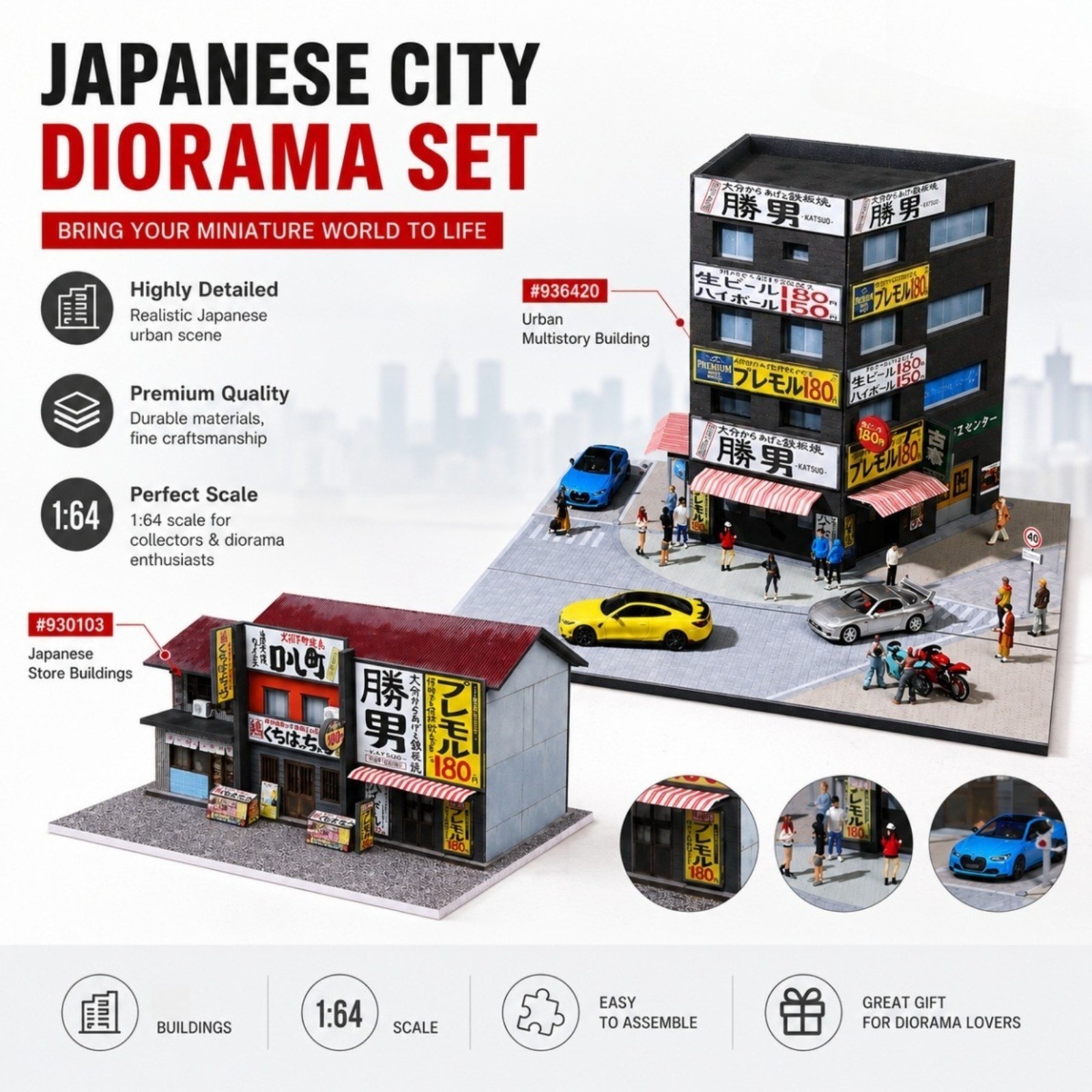 1/64 Diorama Diecast Garage Model LED Lights Street Buildings Teppanyaki Display
