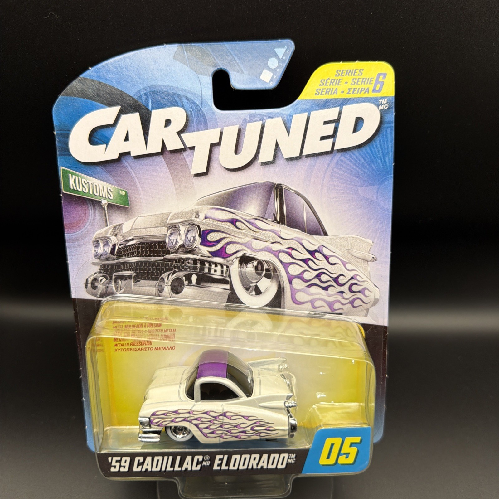 Car Tuned Series 6 ‘59 Cadillac Eldorado #05, Cartuned, White, Purple, Flames 🔥