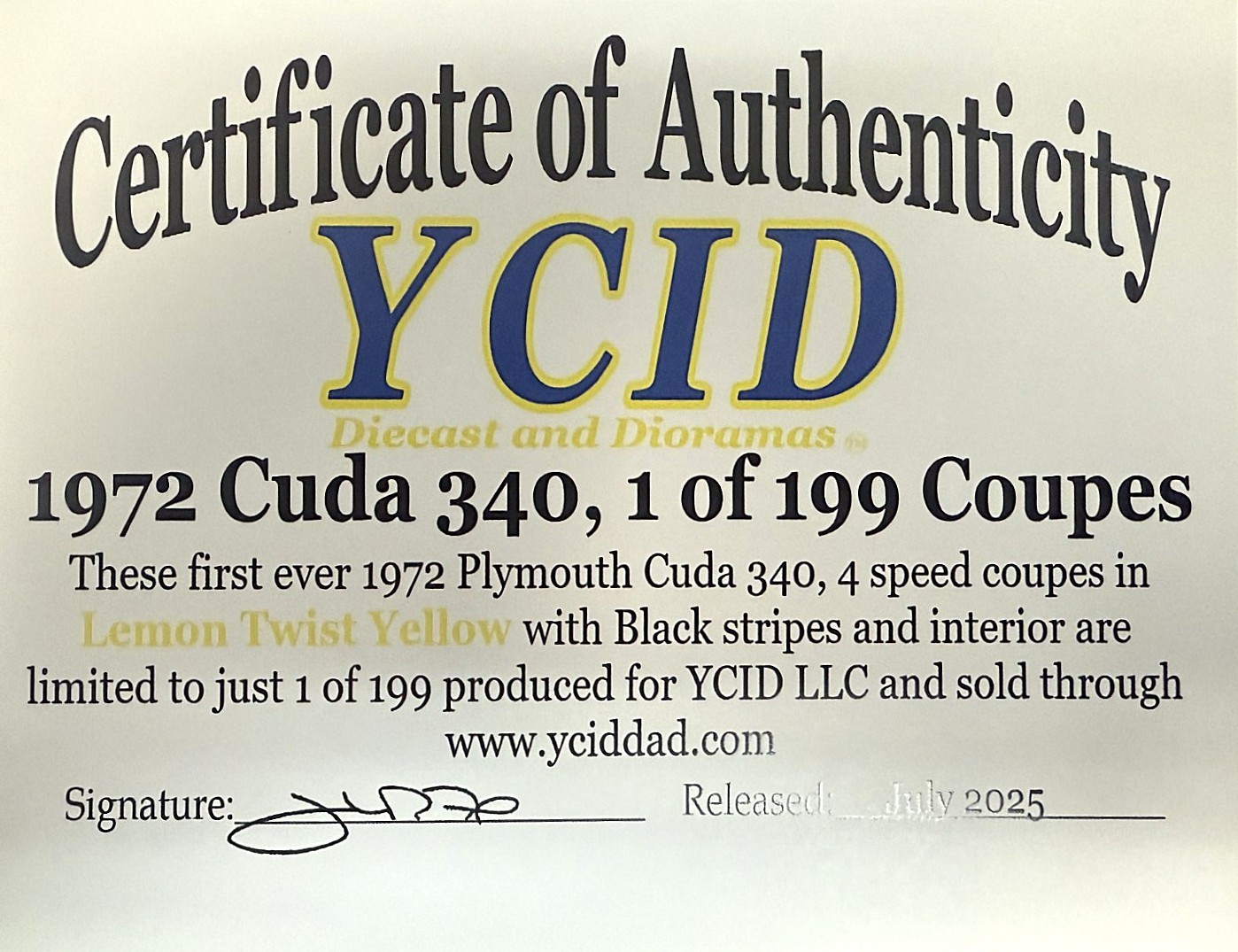 1/18 SCALE, YCID, 1972 CUDA 340, FIRST STOCK 1972 CUDA MADE IN 1/18 SCALE !
