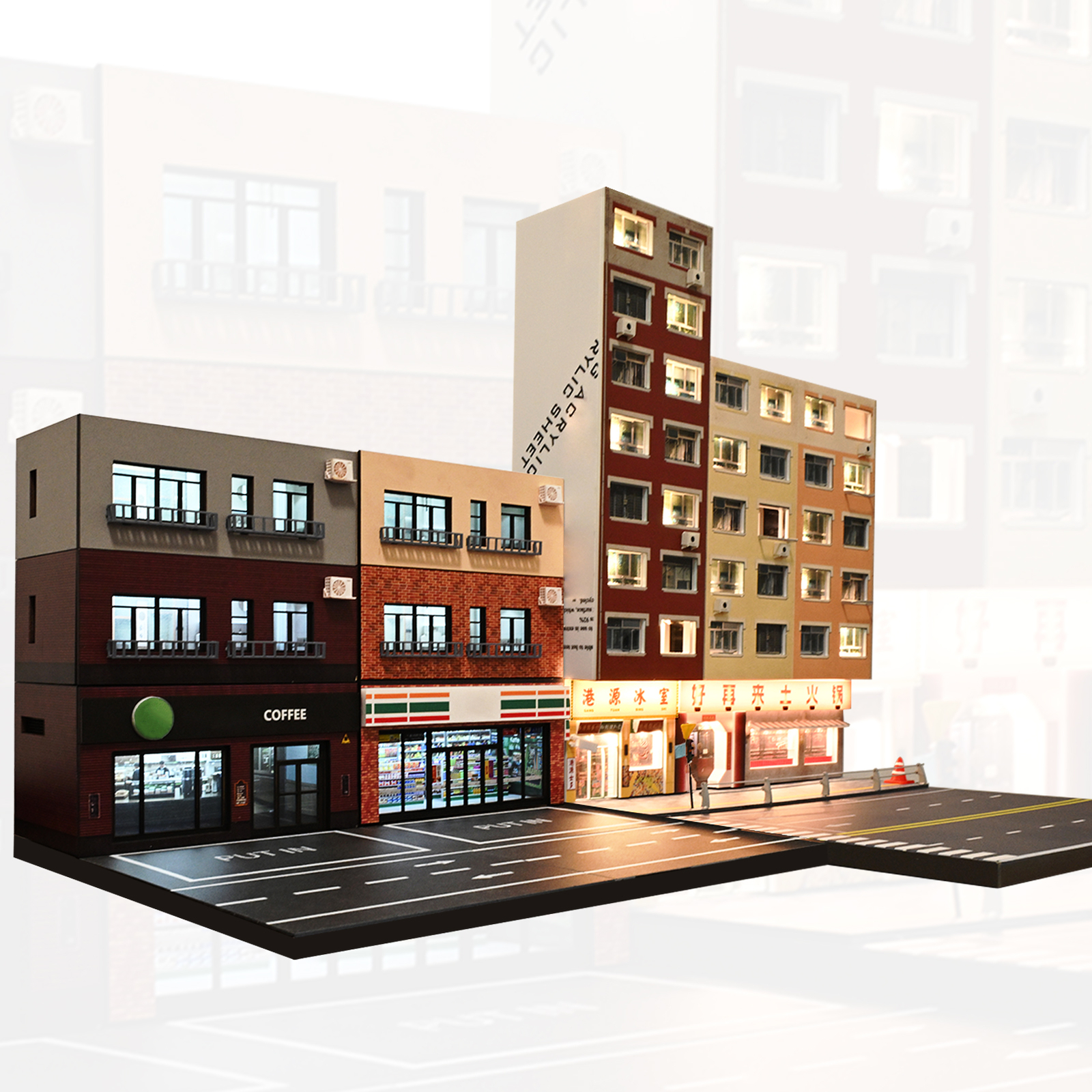 1/64 Diorama Car Garage Model LED Light City Street House Building Model Display