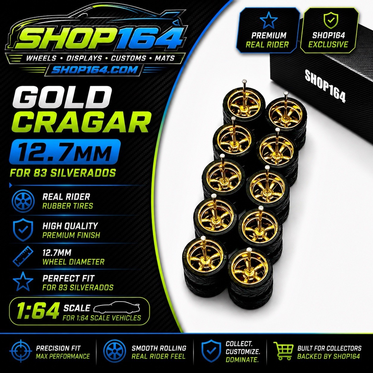 1:64 Replacement Wheels for HW 83 Silverado w/ Rubber Tire Cragar 5 Pack Gold