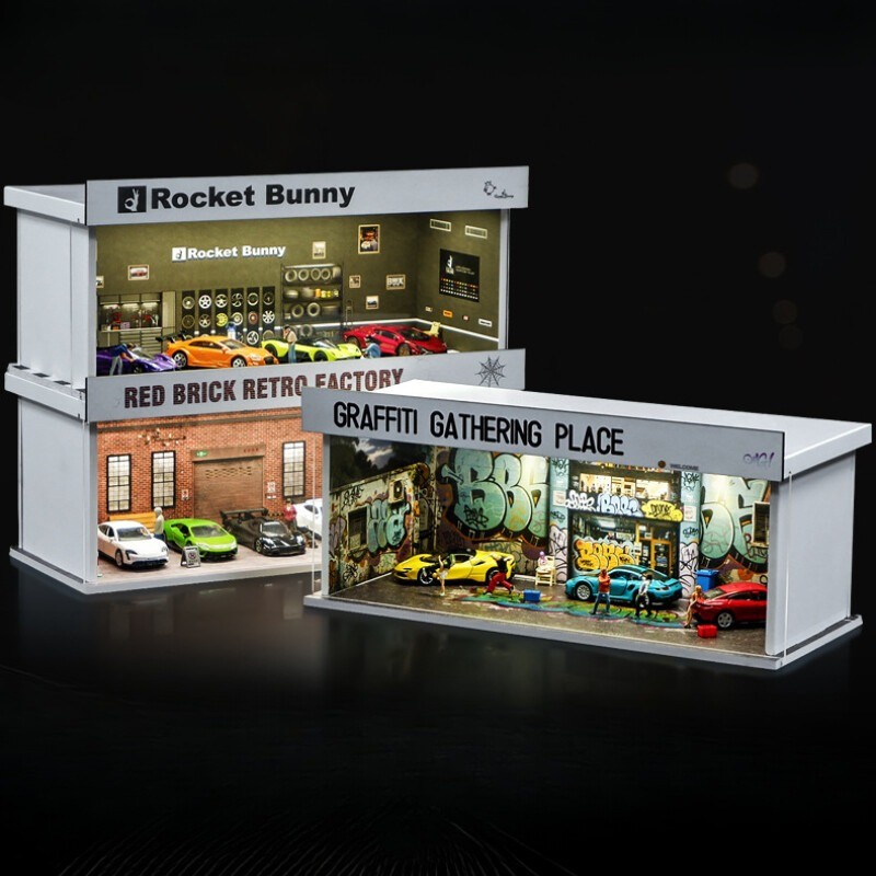 US 1/64 Garage Diorama Model LED Light City Parking Scene Diecast Car Display