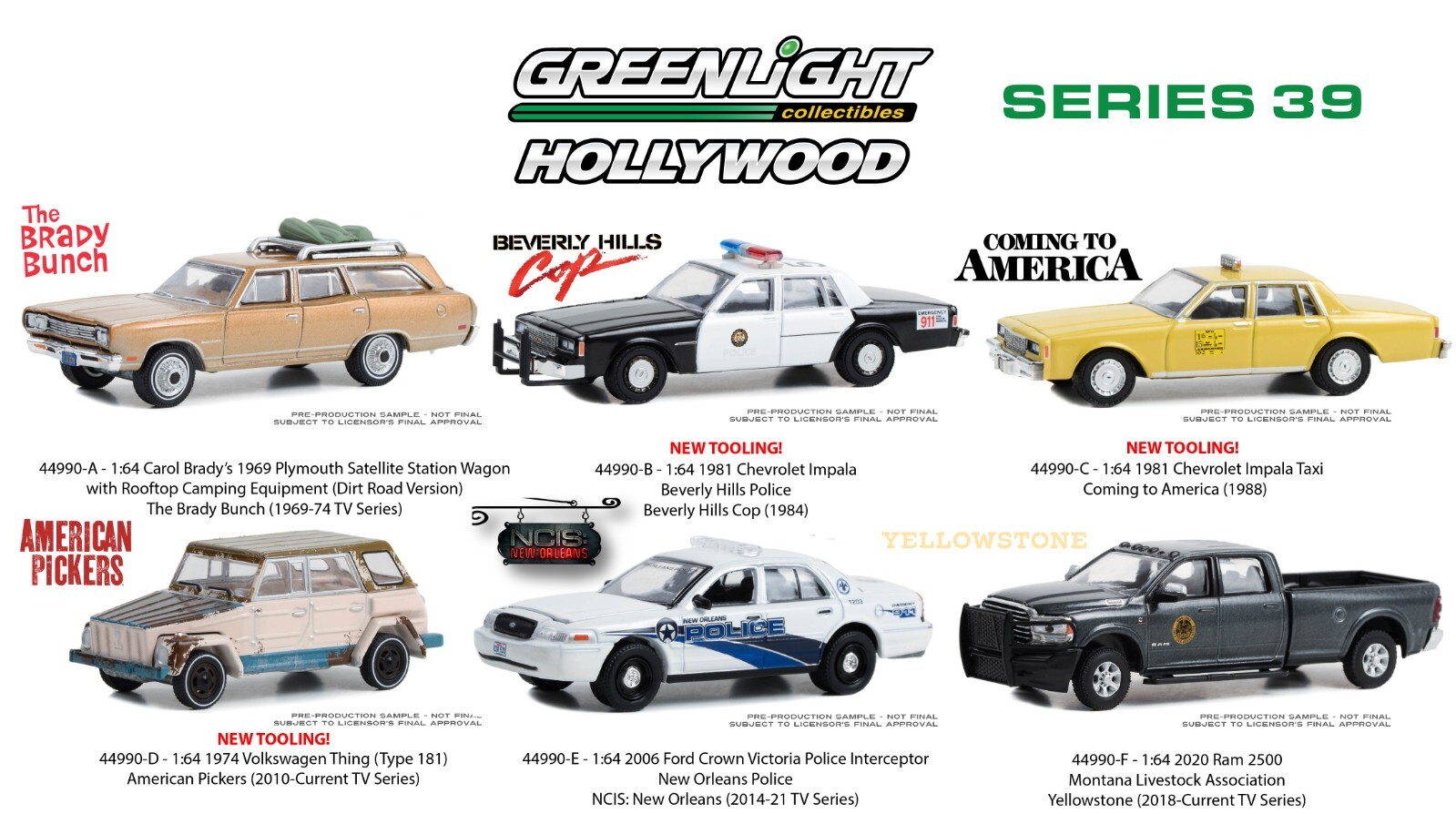 Greenlight 44890 Hollywood Series 39, Set of 6 1:64 Diecast Cars