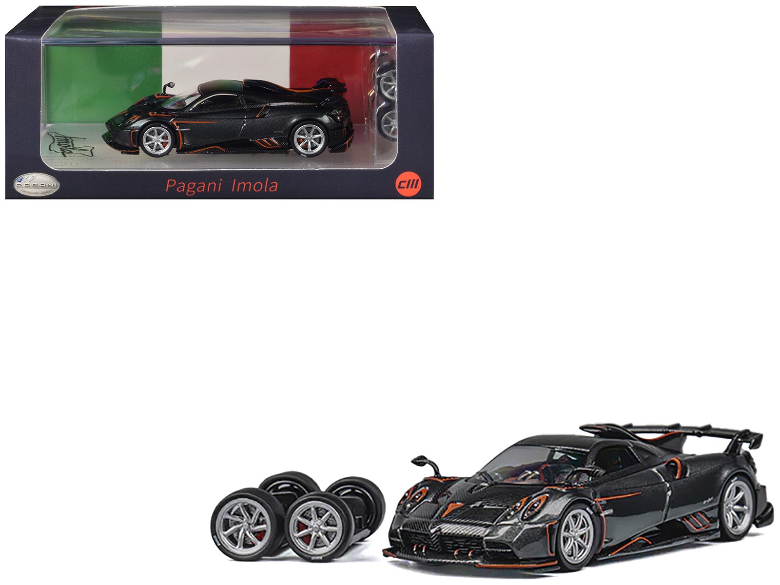 Pagani Imola Dark Gray Metallic 1/64 by CM Model with Carbon Orange Accents
