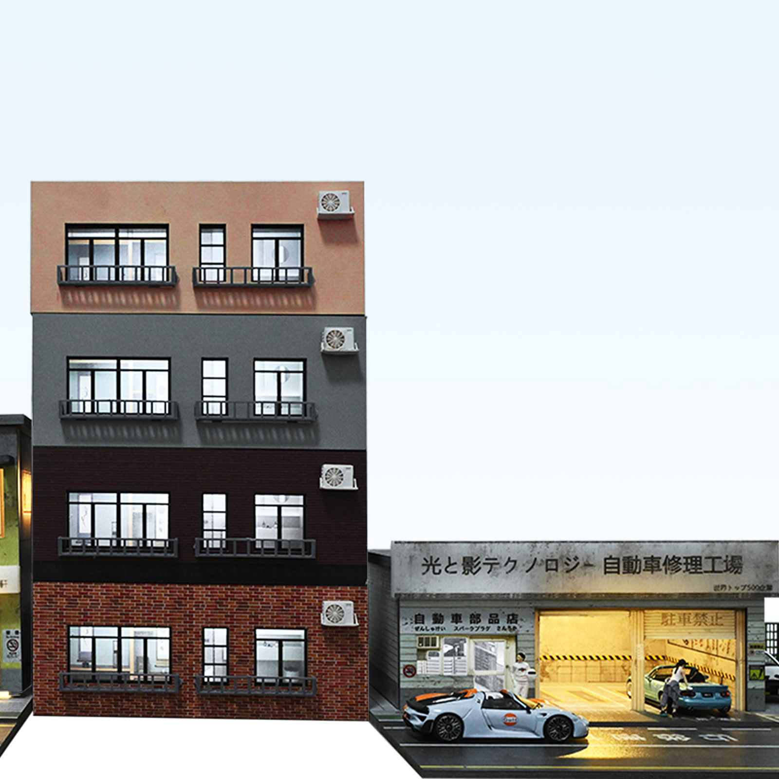 1/64 Diorama Car Garage Model LED Light City Street House Building Model Display