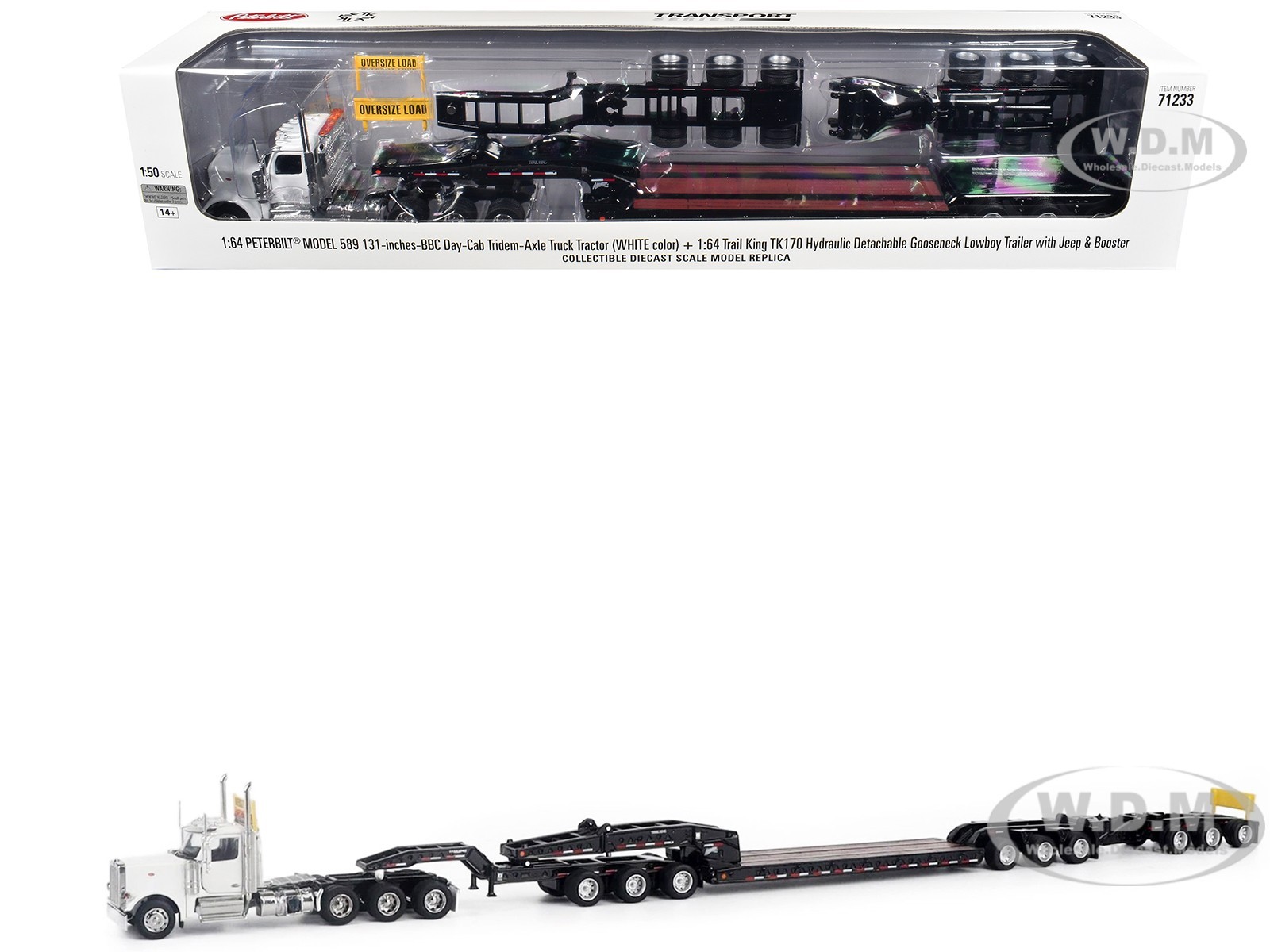PETERBILT 589 DAY CAB & LOWBOY TRAILER WHITE 1/64 BY DIECAST MASTERS 71233