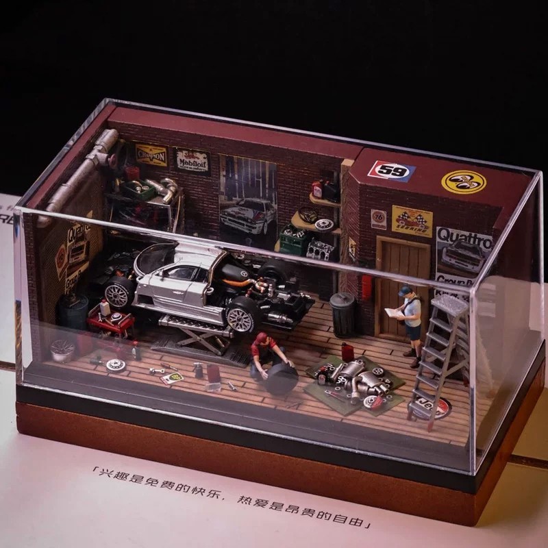 1/64 Garage Diorama with Lights, Miniature Repair Shop Scene Model for Display