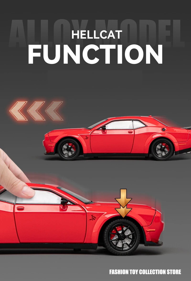 1:24 Dodge Challenger Hellcat Alloy Diecast Toy Car Model Sound Light Pull Back