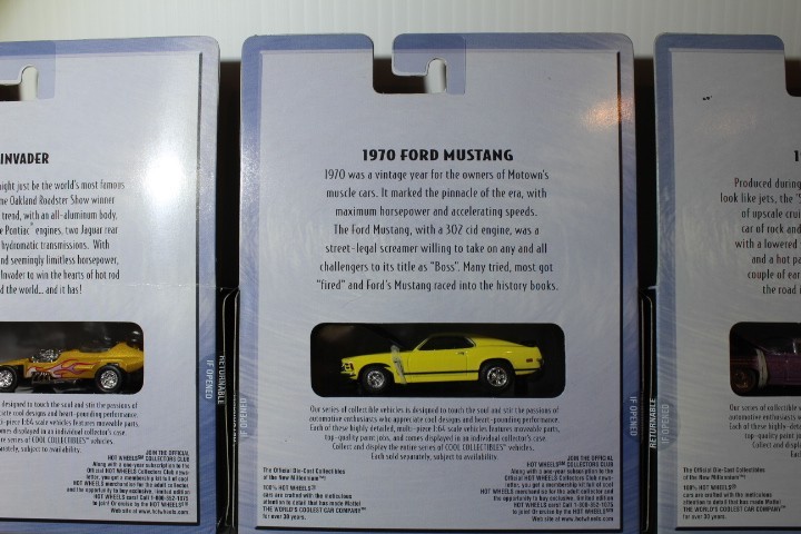 100% Hot Wheels 59 Cadillac, Invader, 1970 Ford Mustang, 1957 Chev. Nomad