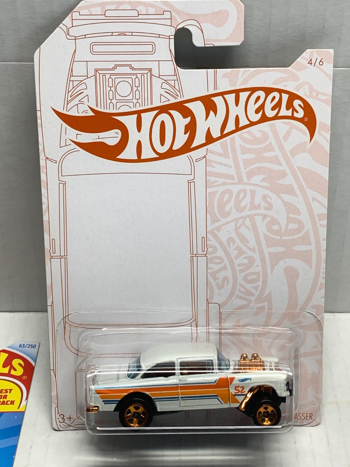 HOT WHEELS 55 CHEVY BEL AIR GASSER X2. 2020 WHITE & 2024 ORANGE.ON CARD