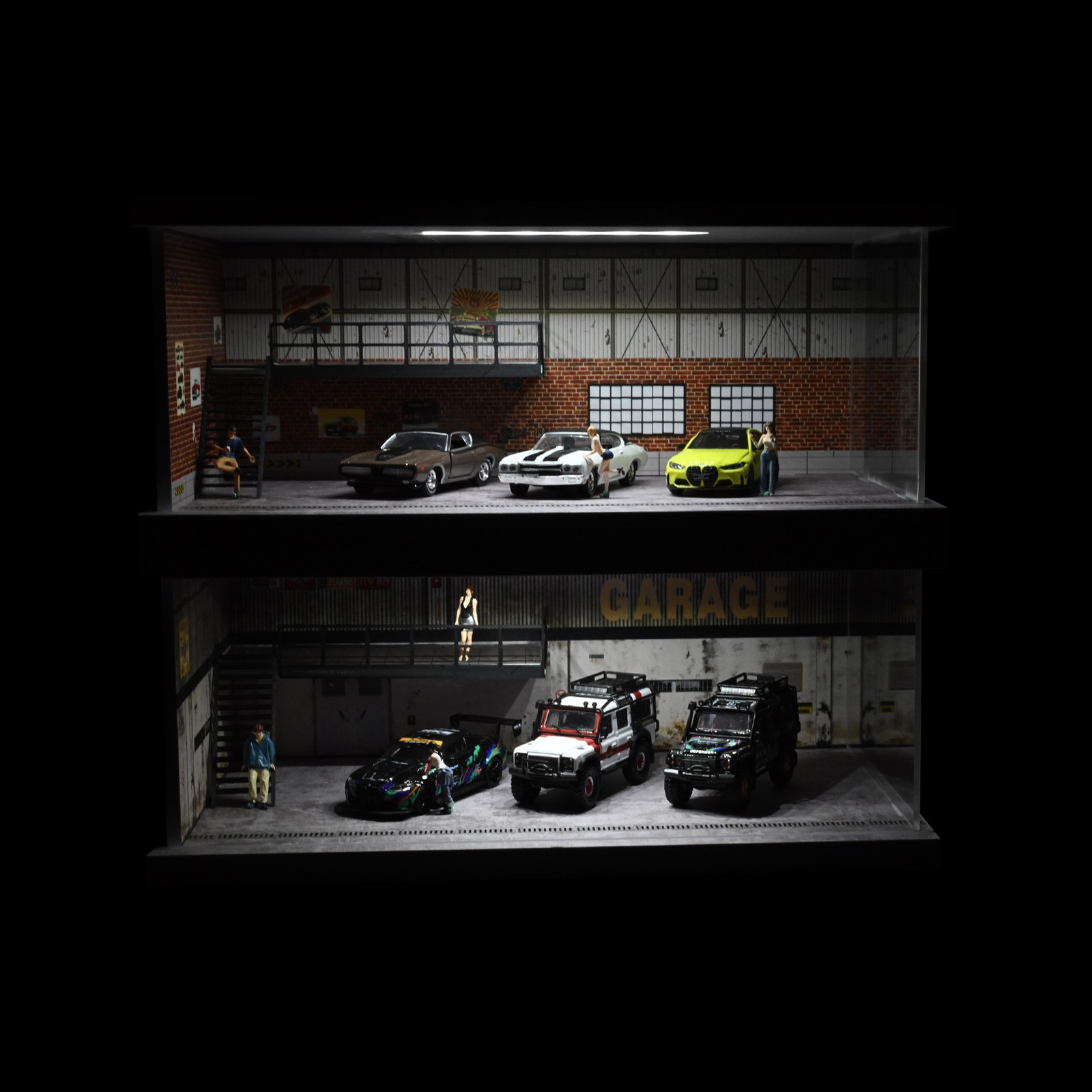 1/64 Diorama Diecast Garage Model Parking Lot Scene LED Lighting Display Case US