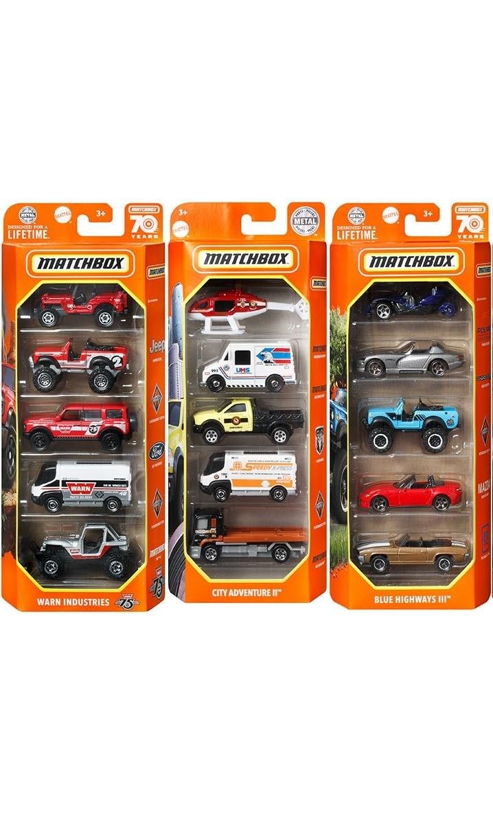 Set of 15 Toy Cars and Trucks with 3 Themed 5-Packs of 1:64 Scale Die-Cast Ve…