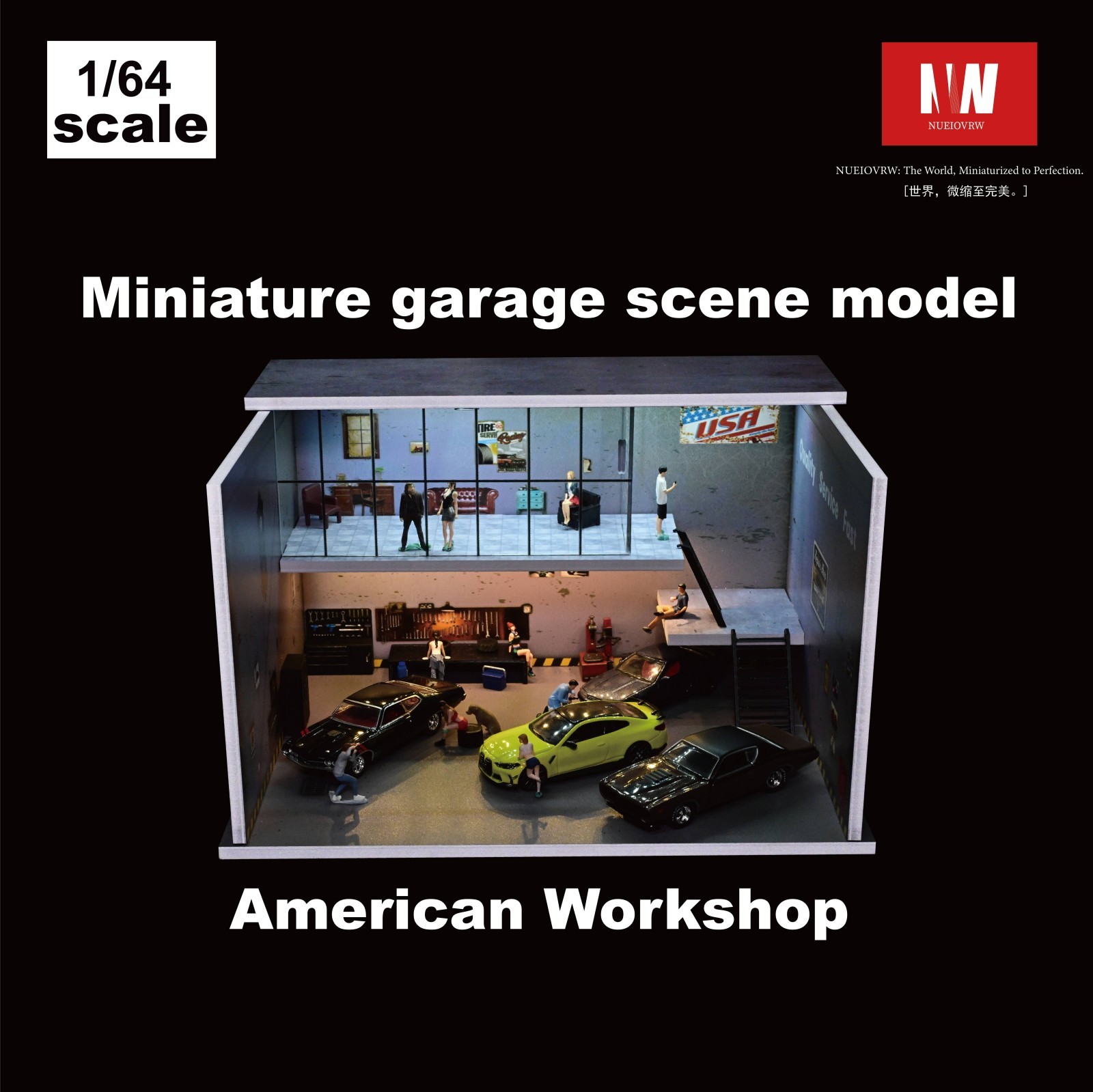 Diorama 1:64 Die-Cast Car Garage Model LED Repair Workshop Scene Display Case US