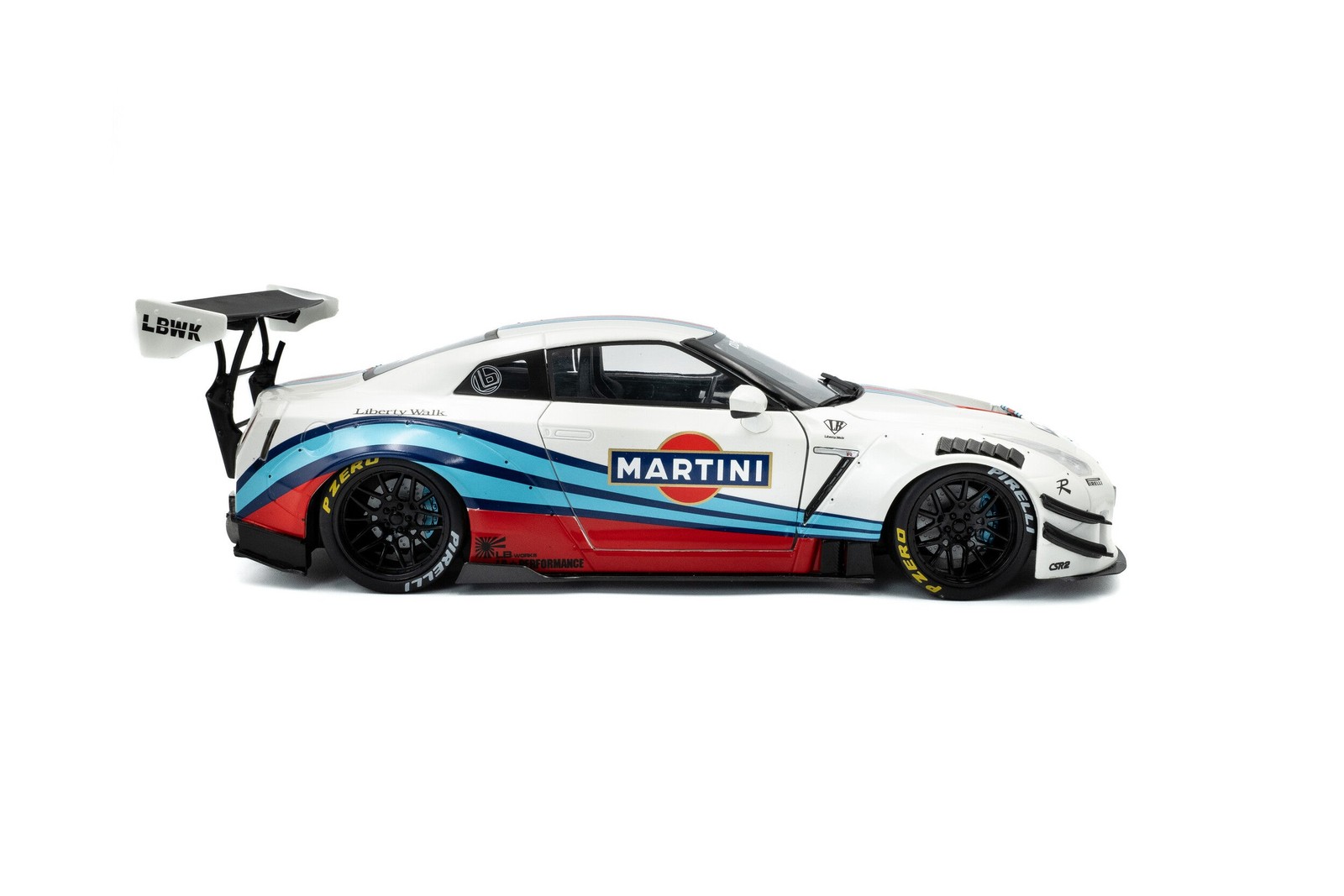 2024 Nissan GT-R (R35) w/ Liberty Walk Body Kit 2.0 Martini Racing 1:18 Solido