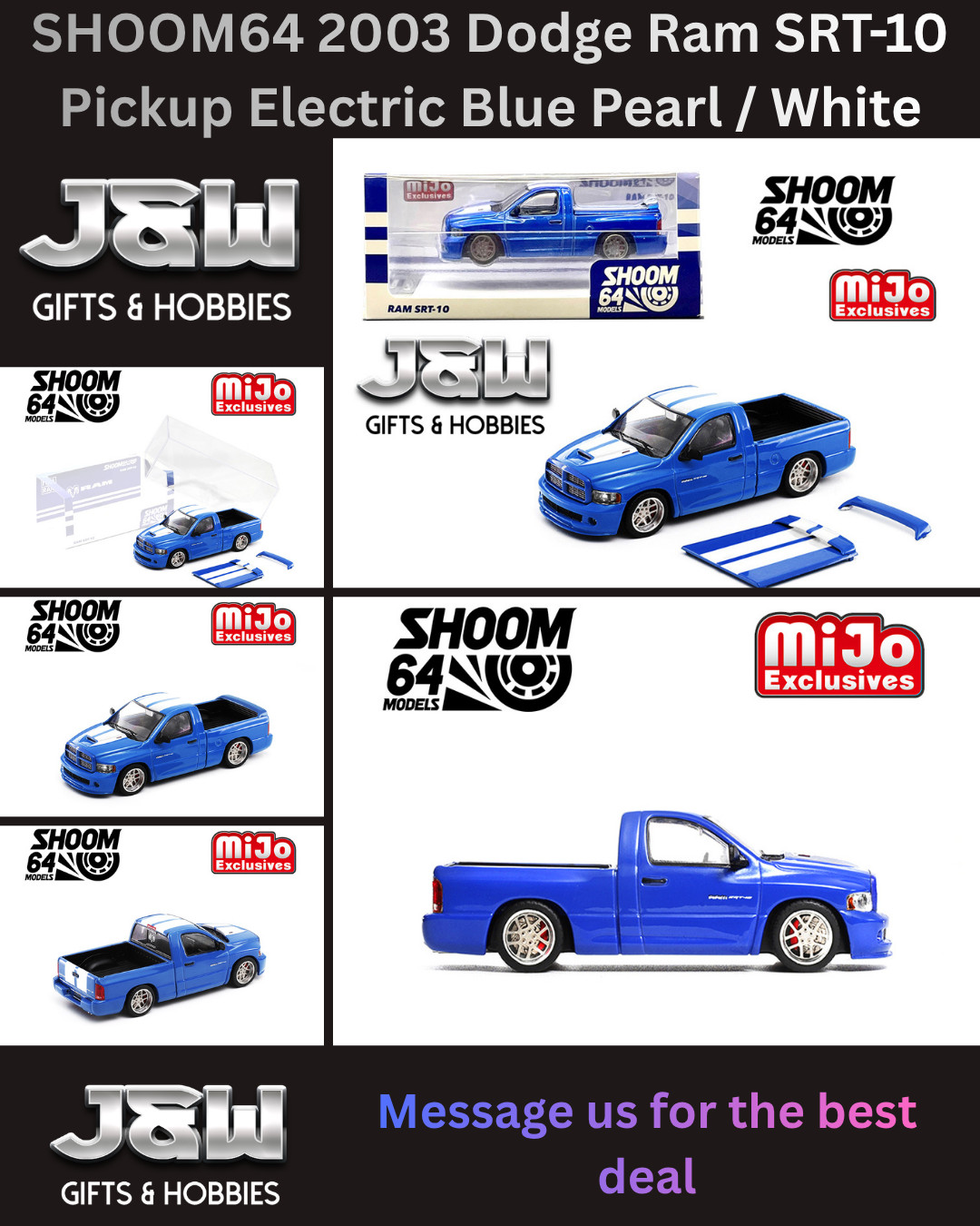 SHOOM64 2003 Dodge Ram SRT-10 Pickup Electric Blue Pearl / White Stripes 1/64