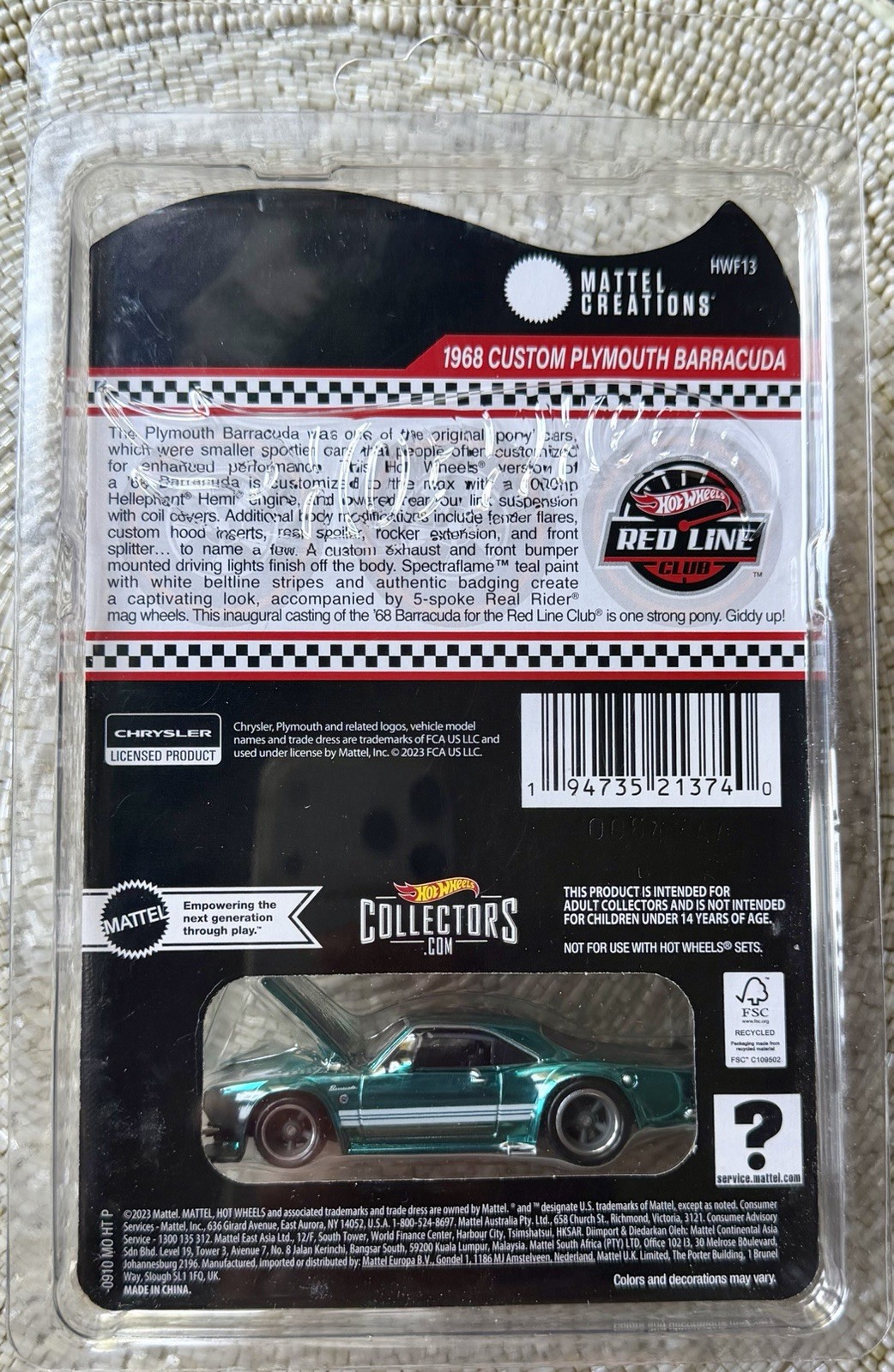Hot Wheels Red Line Club 1968 Plymouth Barracuda Teal Special Edition Mint New
