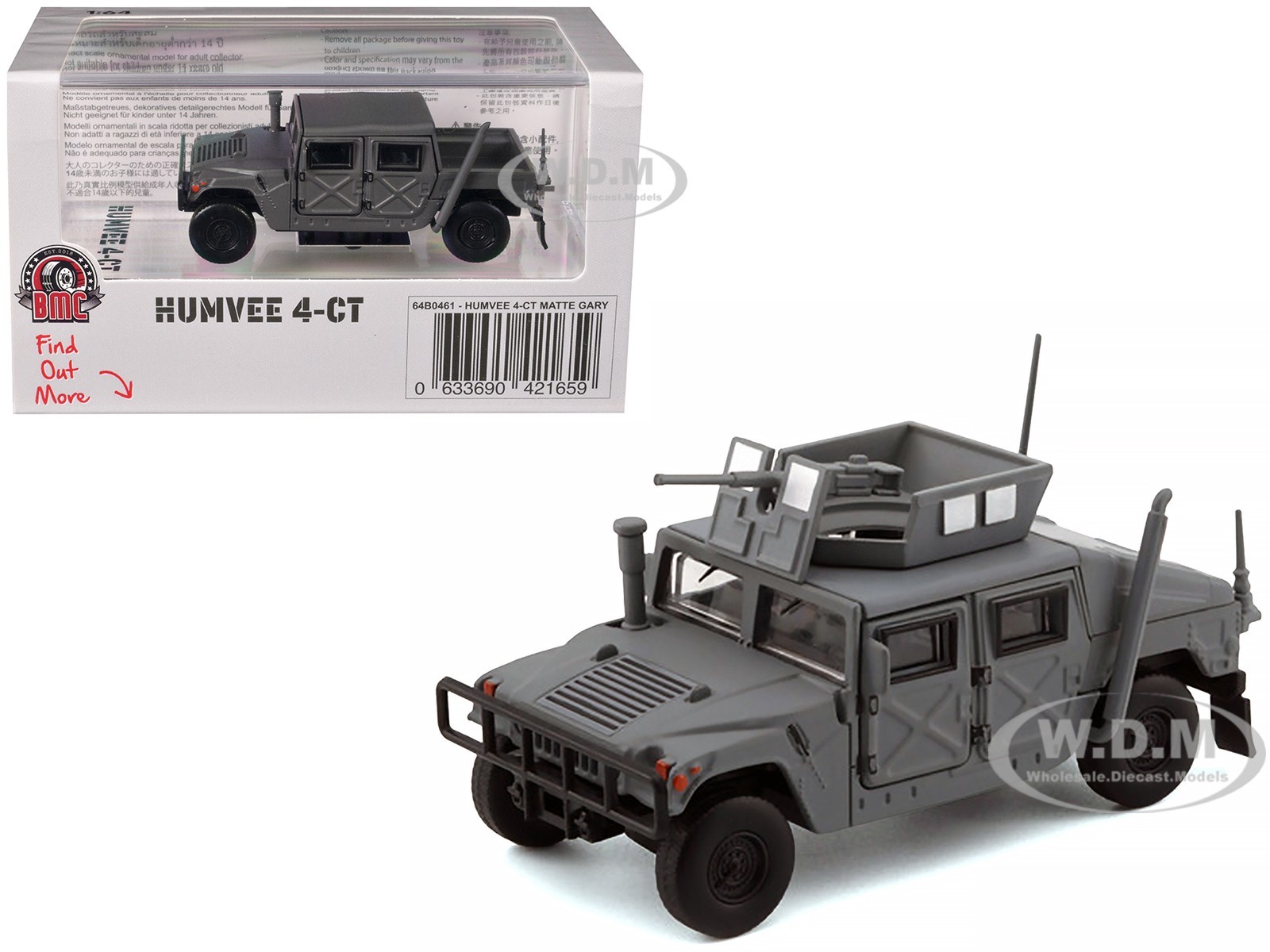 HUMVEE 4-CT MILITARY VEHICLE MATT GRAY 1/64 DIECAST BY BM CREATIONS 64B0461