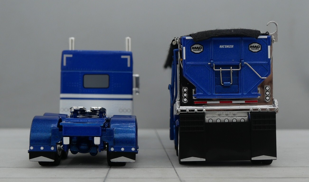 DCP 1/64 Blue White Peterbilt 389 Mac Spread Axle Round Dump Trailer 60-1740